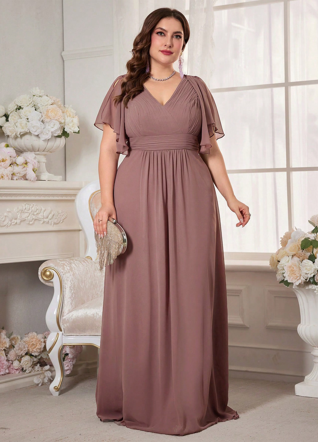 Розово-коричневое вечернее, праздничный платье в стиле ампир SHEIN однотонное