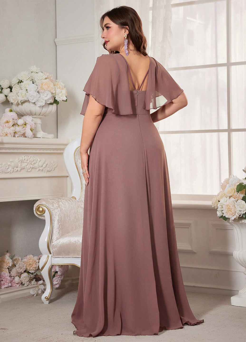 Розово-коричневое вечернее, праздничный платье в стиле ампир SHEIN однотонное