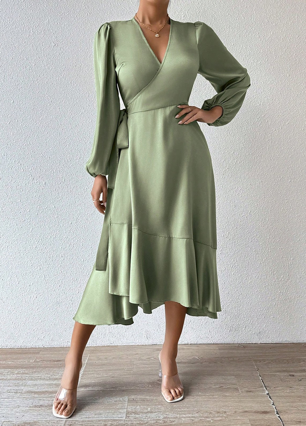 Сіро-зелена кежуал сукня на запах, кльош SHEIN однотонна