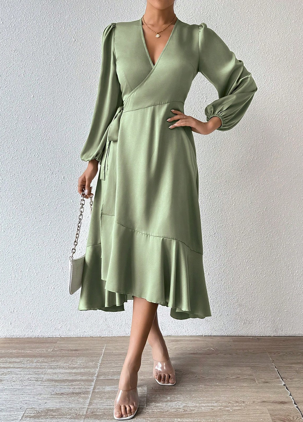 Сіро-зелена кежуал сукня на запах, кльош SHEIN однотонна