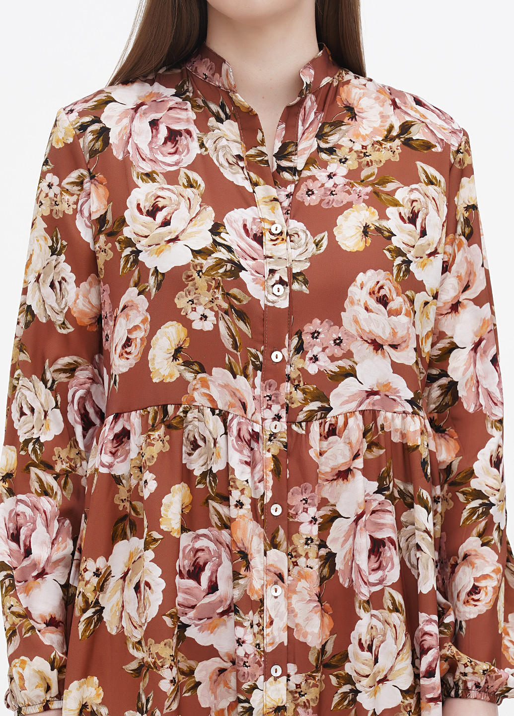 Розово-коричневое кэжуал платье рубашка, клеш Oltre с цветочным принтом