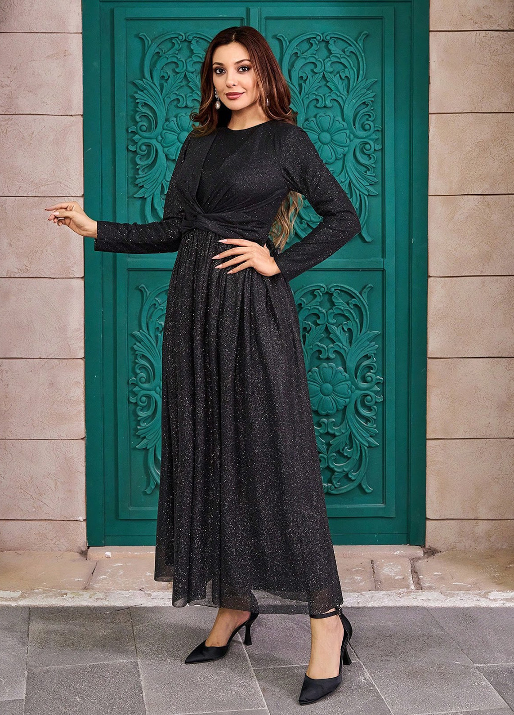 Чорна вечірня сукня кльош SHEIN однотонна