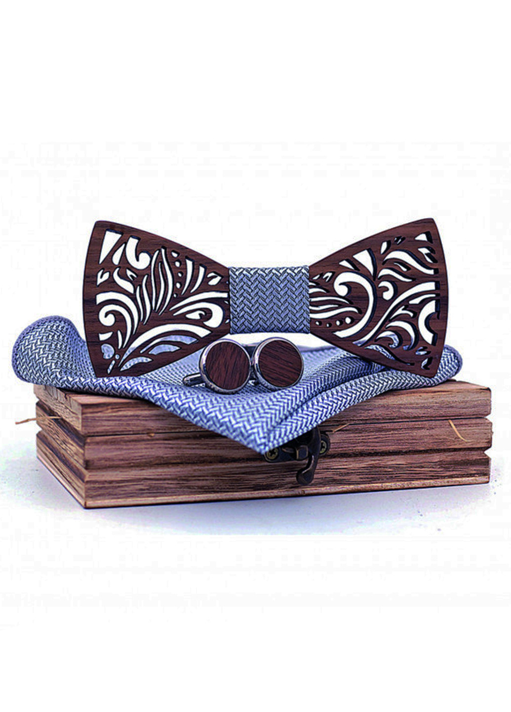 Подарунковий набір: Дерев'яний метелик з блакитною тасьмою в комплекті з блакитною хусткою і запонками в дерев'яній шкатулці No Brand (241259271)