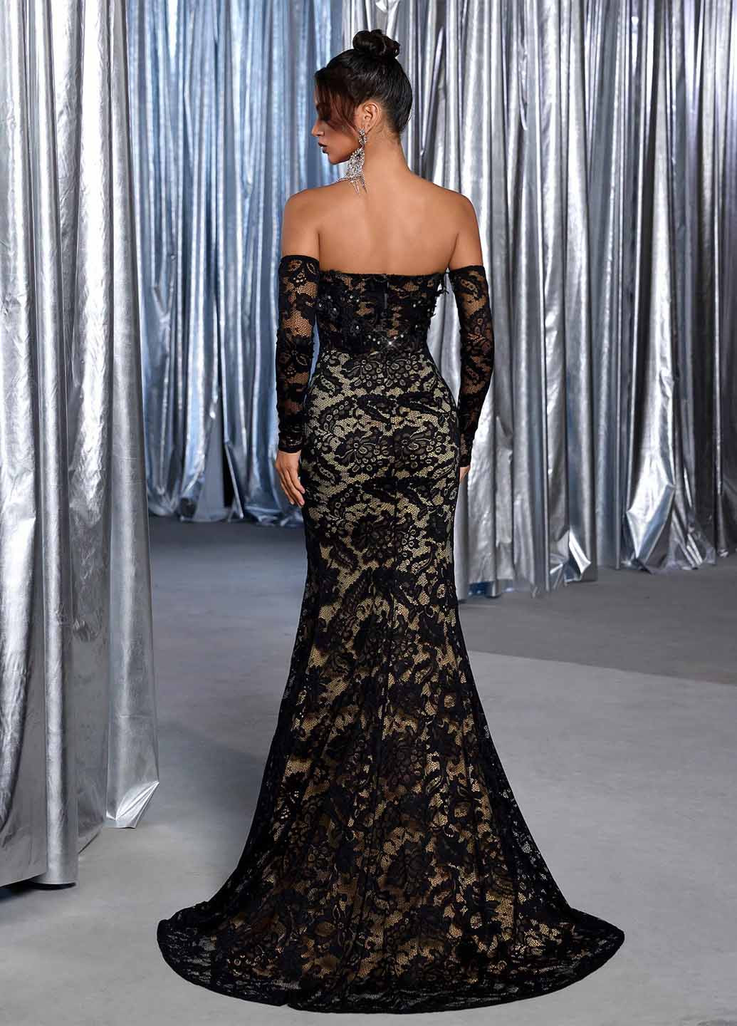 Черное вечернее платье с открытыми плечами SHEIN однотонное