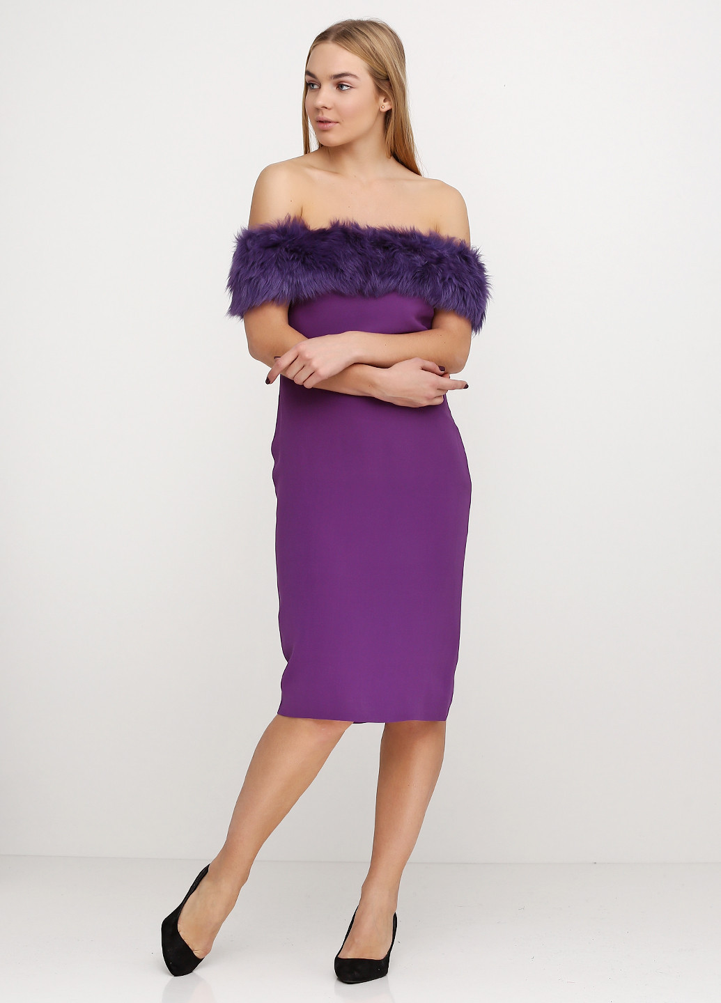 Фиолетовое коктейльное платье с открытыми плечами Ralph Lauren однотонное