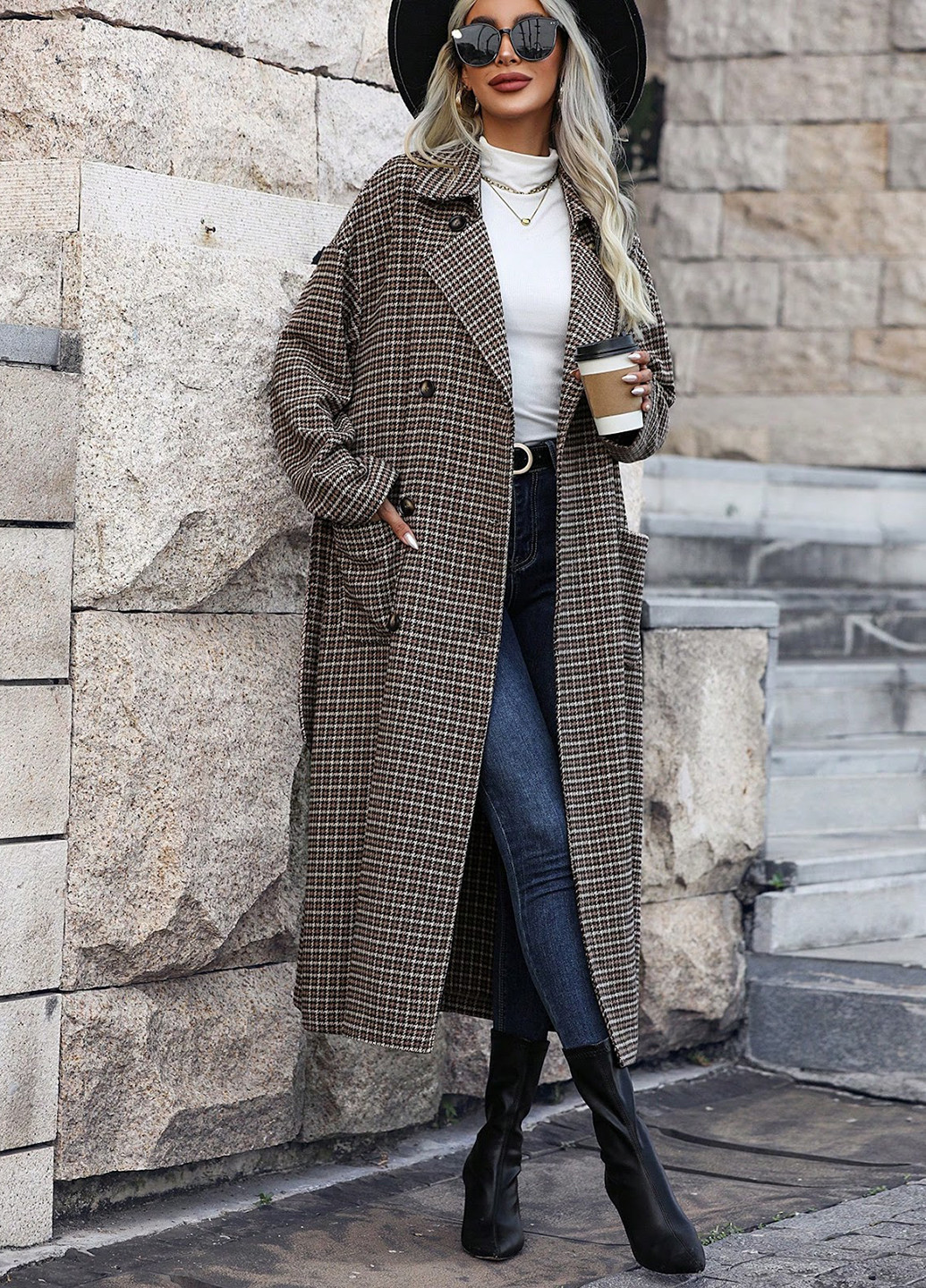 Сіро-коричневе демісезонне Пальто двобортне SHEIN