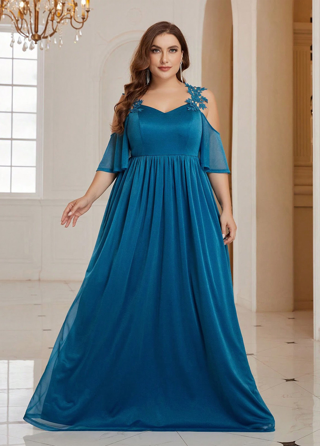 Бирюзовое вечернее платье с открытыми плечами, а-силуэт SHEIN однотонное