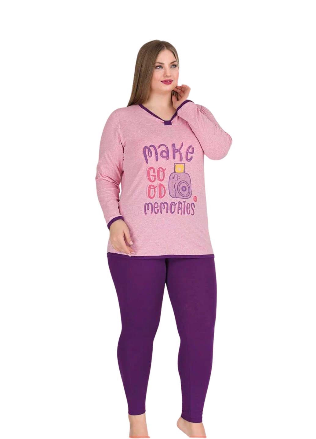 Фиолетовая всесезон пижама женская теплая хлопок лонгслив + леггинсы Wonder