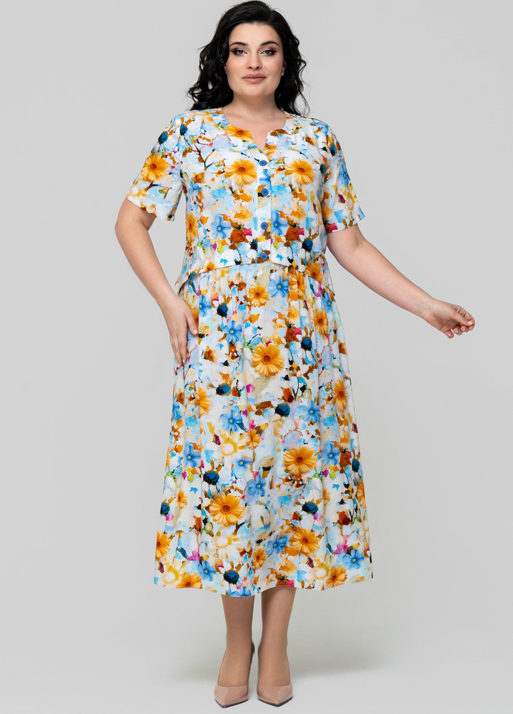 Голубое кэжуал платье а-силуэт A'll Posa с цветочным принтом