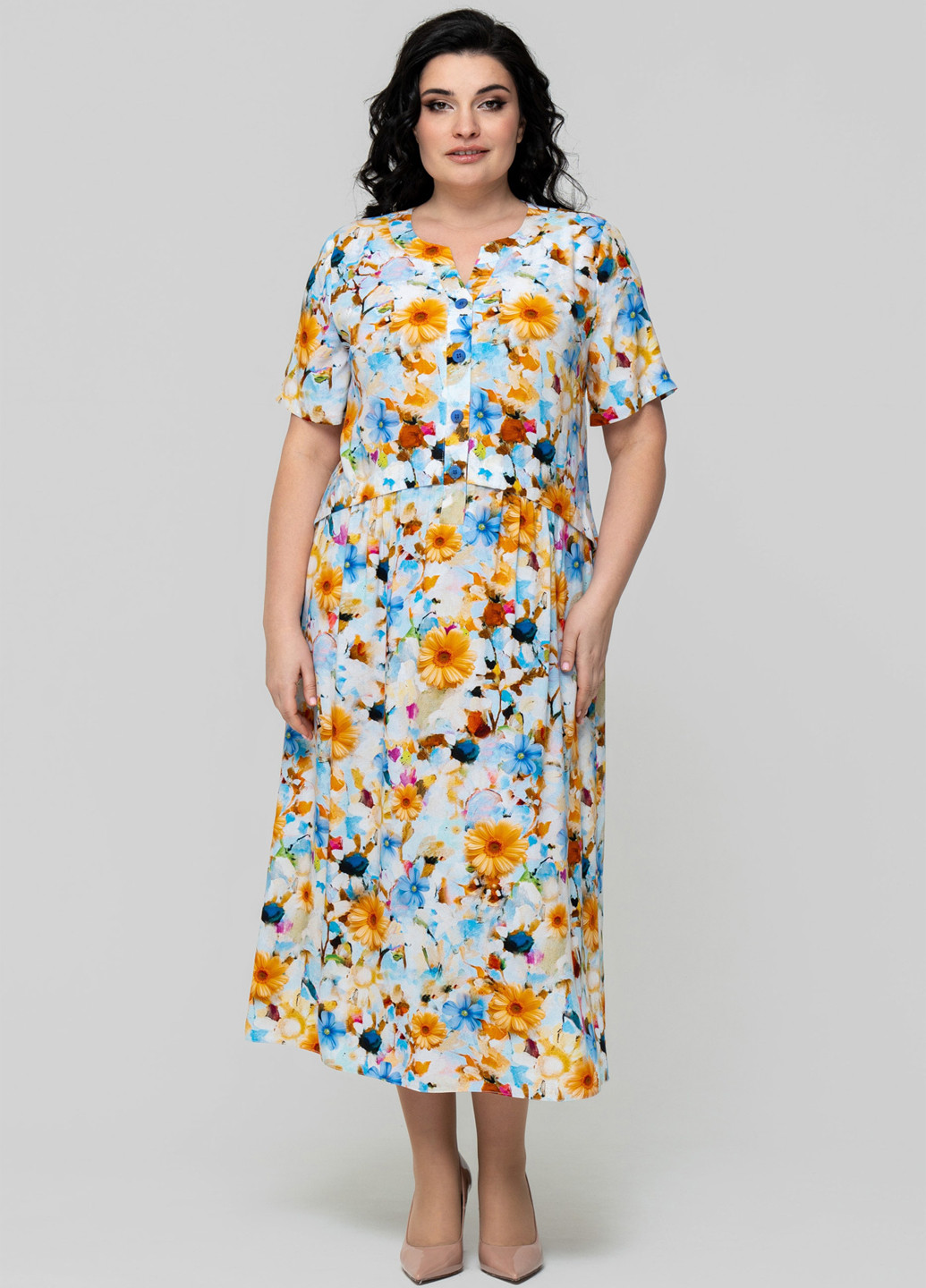 Голубое кэжуал платье а-силуэт A'll Posa с цветочным принтом