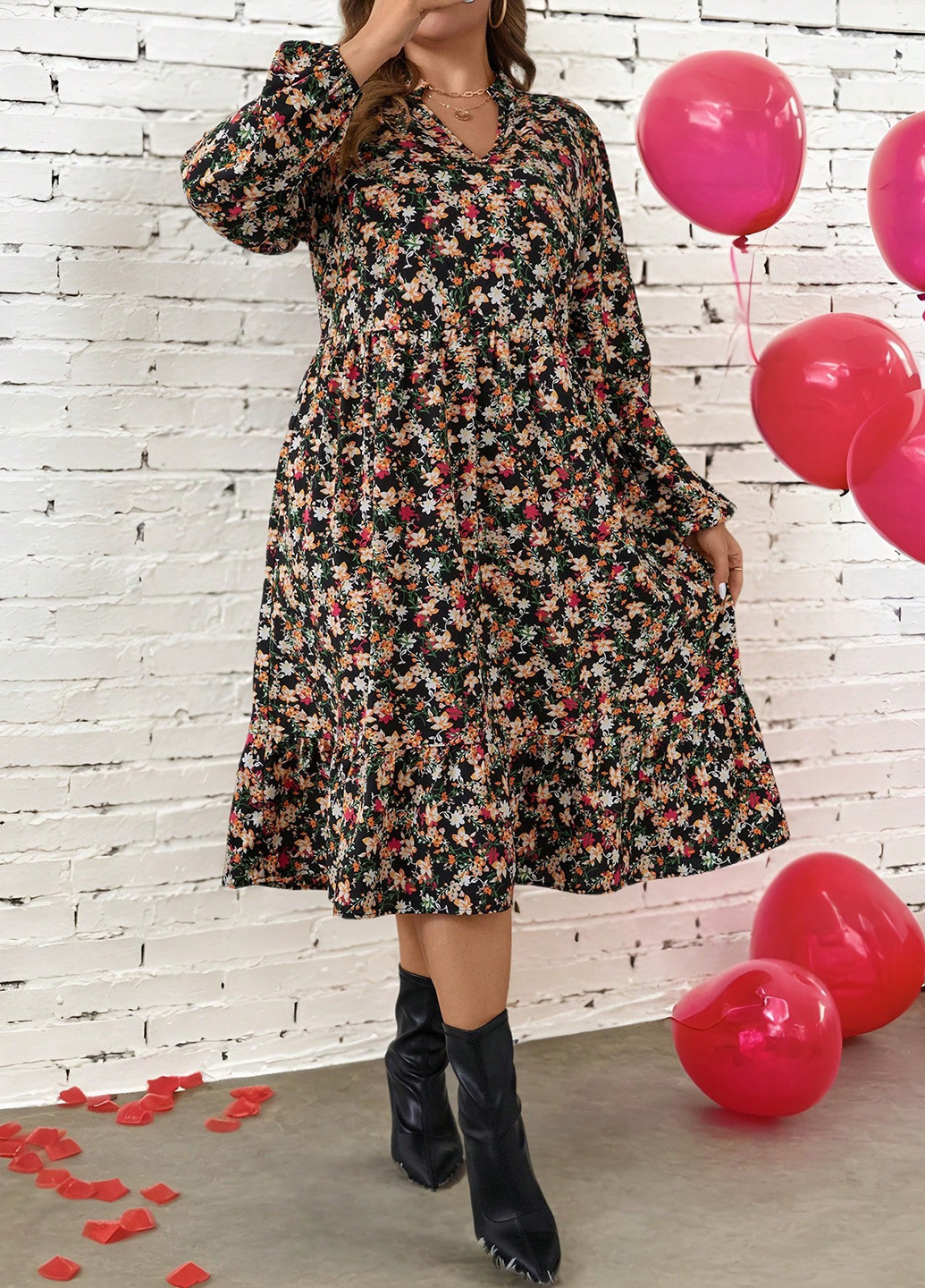 Черное кэжуал платье клеш, в стиле ампир SHEIN с цветочным принтом
