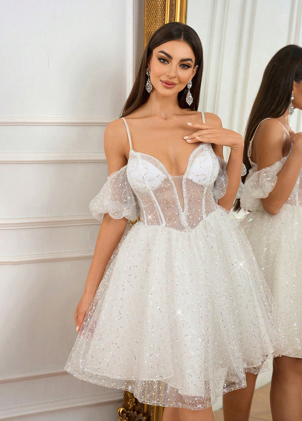 Білий коктейльна сукня з спідницею-сонце, пачка, з корсетом, з відкритою спиною SHEIN однотонна