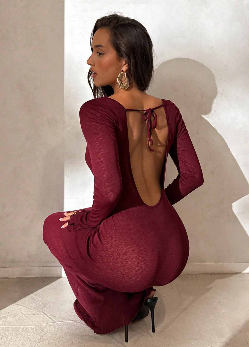 Бордова пляжна сукня з відкритою спиною SHEIN однотонна