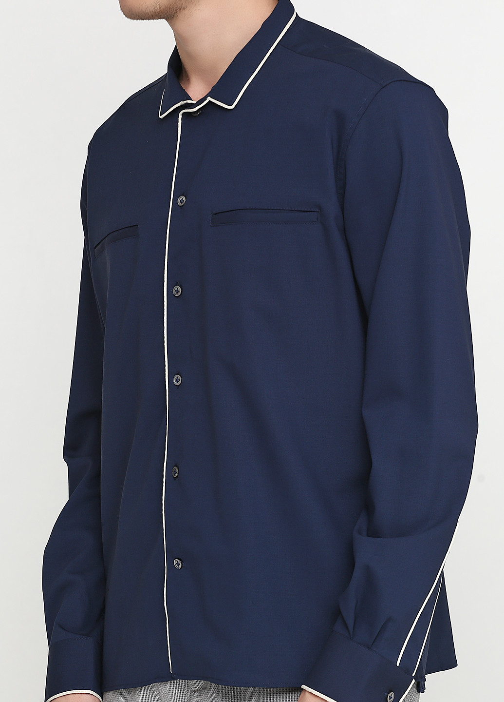 Темно-синяя кэжуал рубашка однотонная Massimo Dutti с длинным рукавом