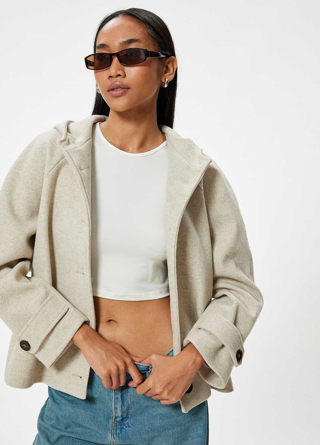 Светло-бежевое Кэжуал полупальто однобортное KOTON меланж