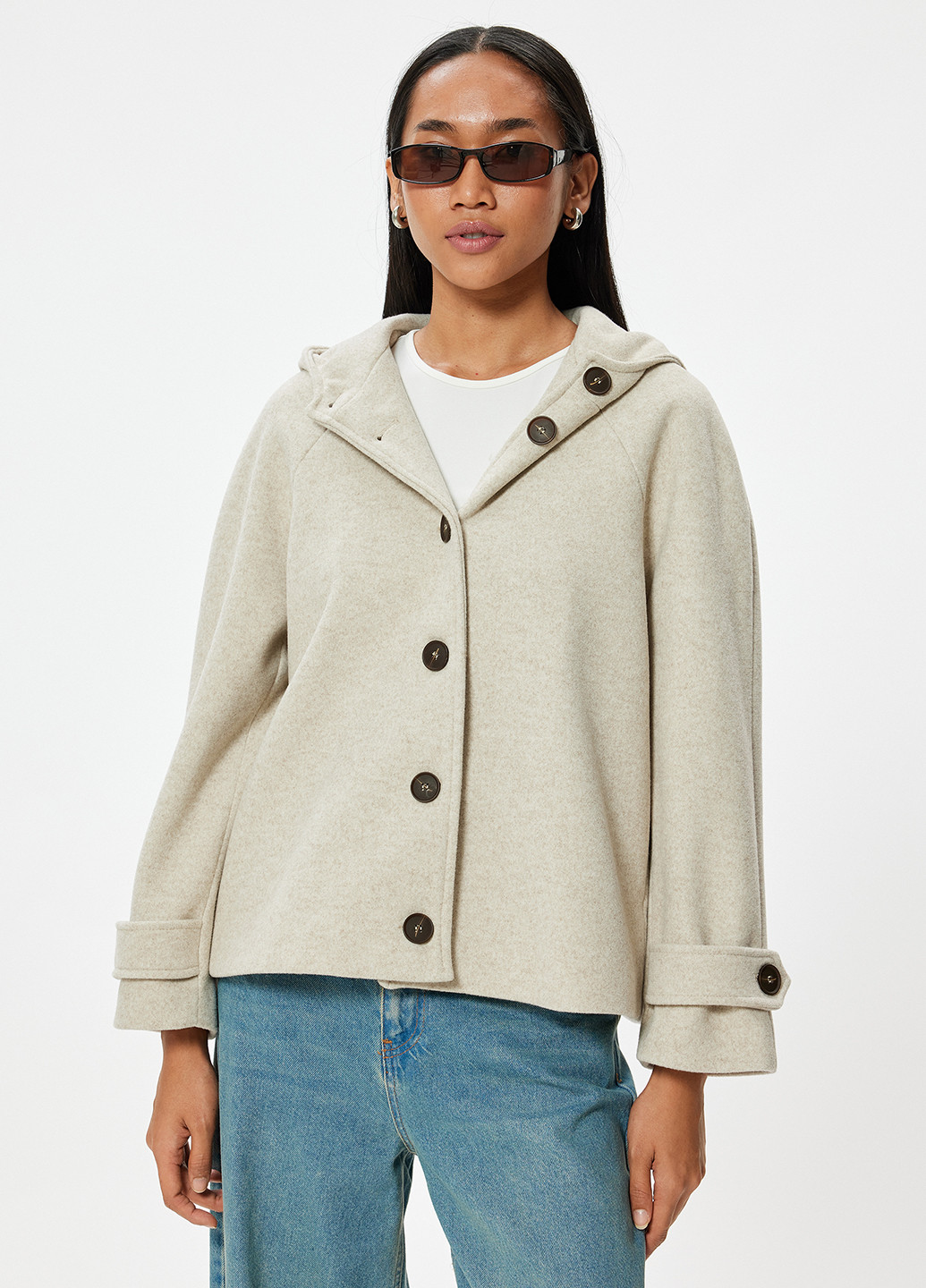 Светло-бежевое Кэжуал полупальто однобортное KOTON меланж