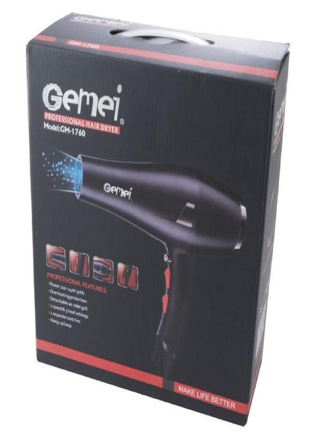 Професійний якісний фен GM-1760 для сушіння укладання волосся Gemei чорний