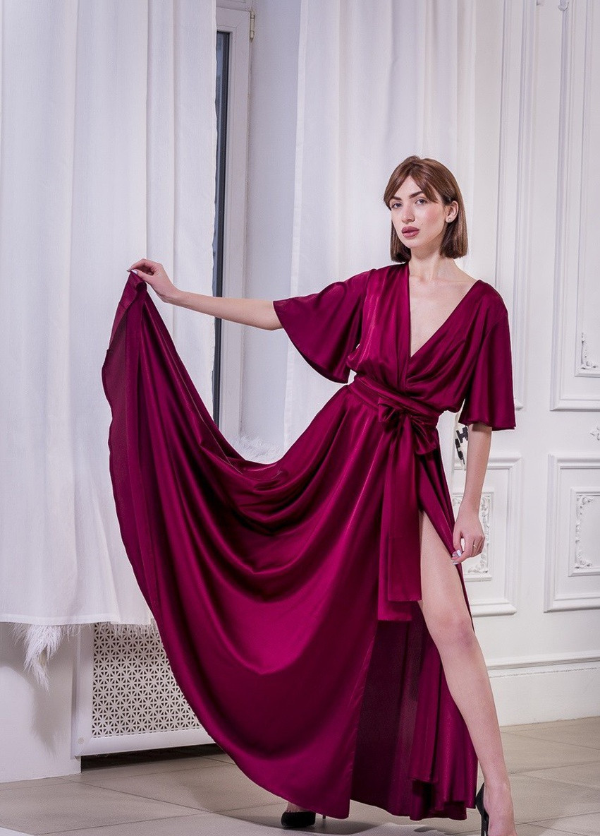 Темно-вишневое вечернее платье на запах FashionYouWant однотонное