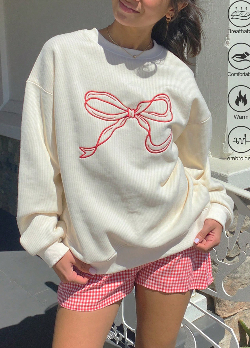 Молочный свитшот SHEIN однотонный вышивка (339827817)