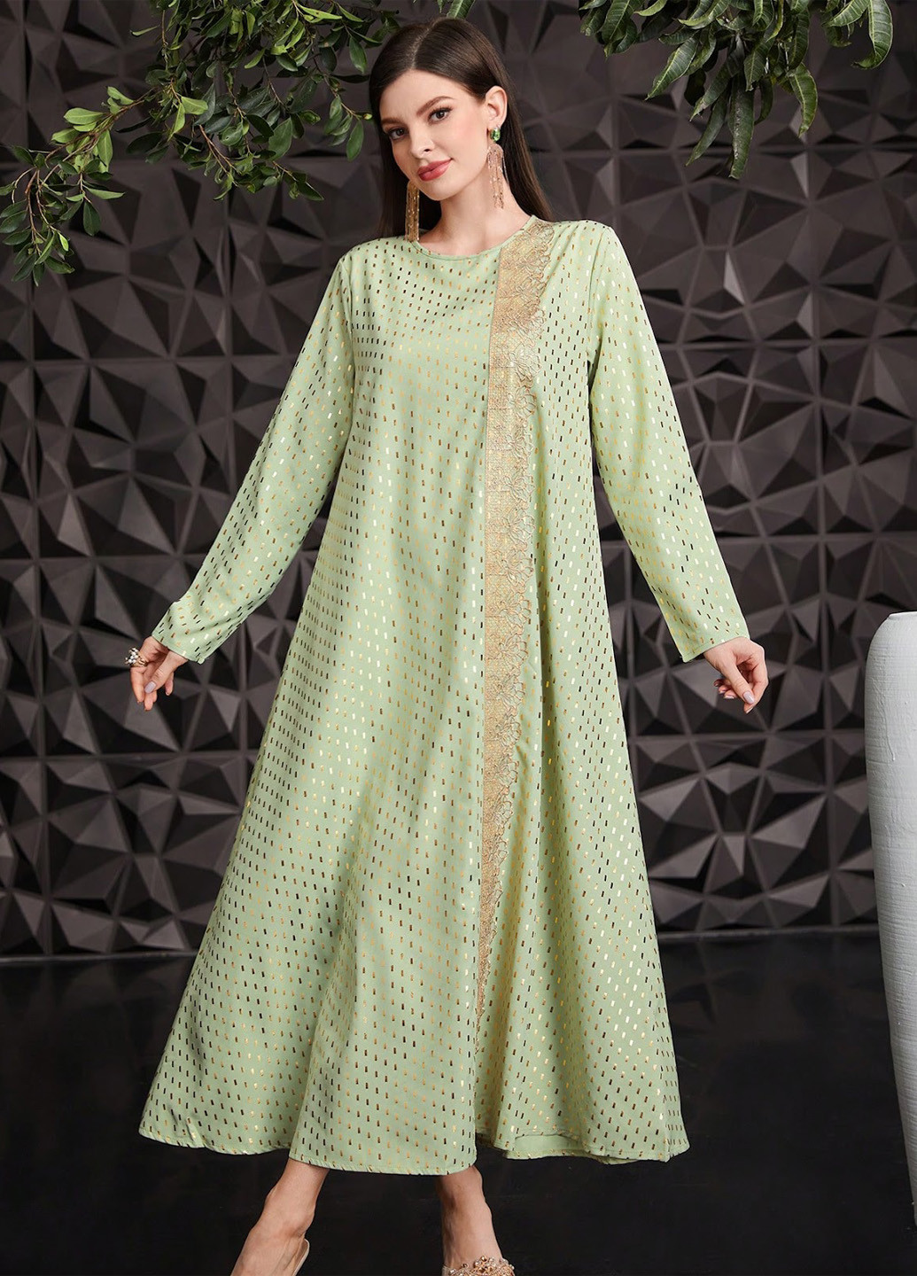 Светло-зеленое кэжуал платье а-силуэт, клеш SHEIN с геометрическим узором