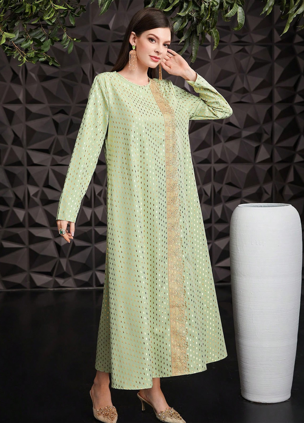 Светло-зеленое кэжуал платье а-силуэт, клеш SHEIN с геометрическим узором