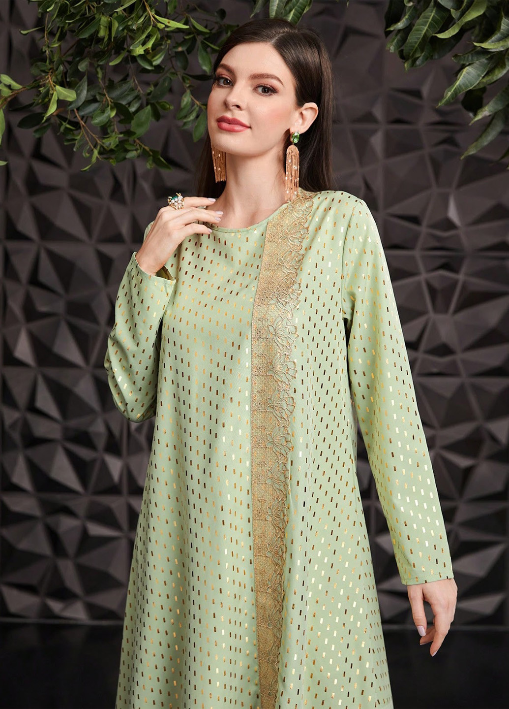 Светло-зеленое кэжуал платье а-силуэт, клеш SHEIN с геометрическим узором