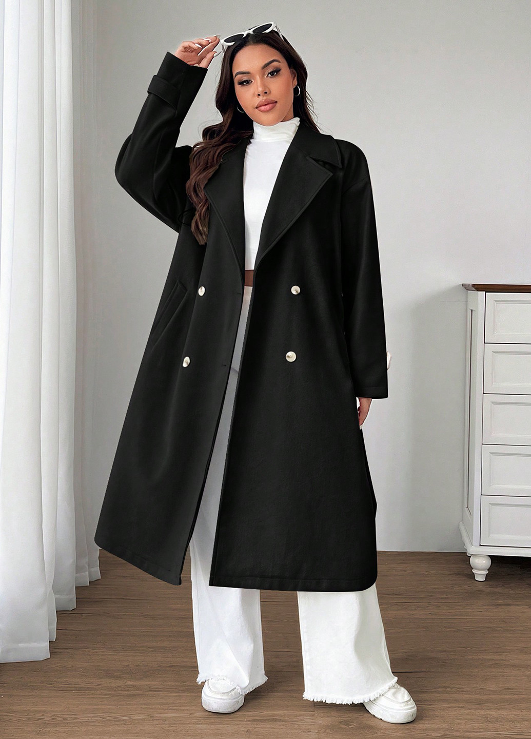 Черное демисезонное Пальто двубортное SHEIN