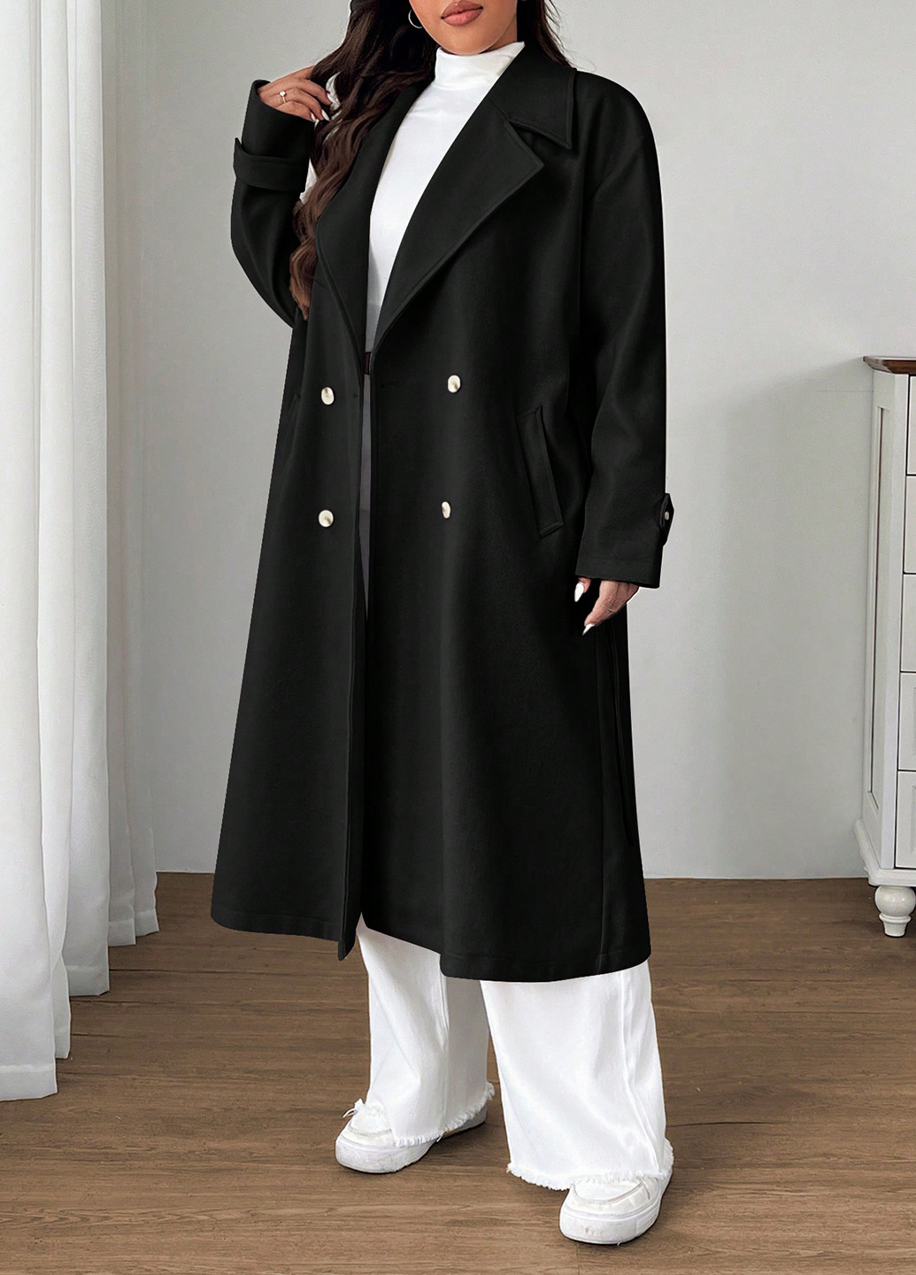 Черное демисезонное Пальто двубортное SHEIN