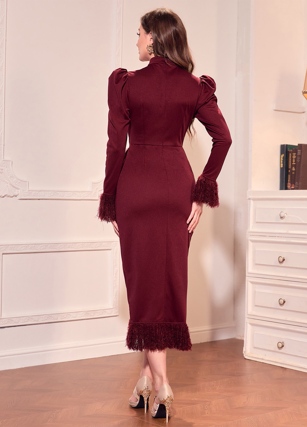 Бордовое вечернее, коктейльное платье платье-водолазка, силуэтная SHEIN однотонное