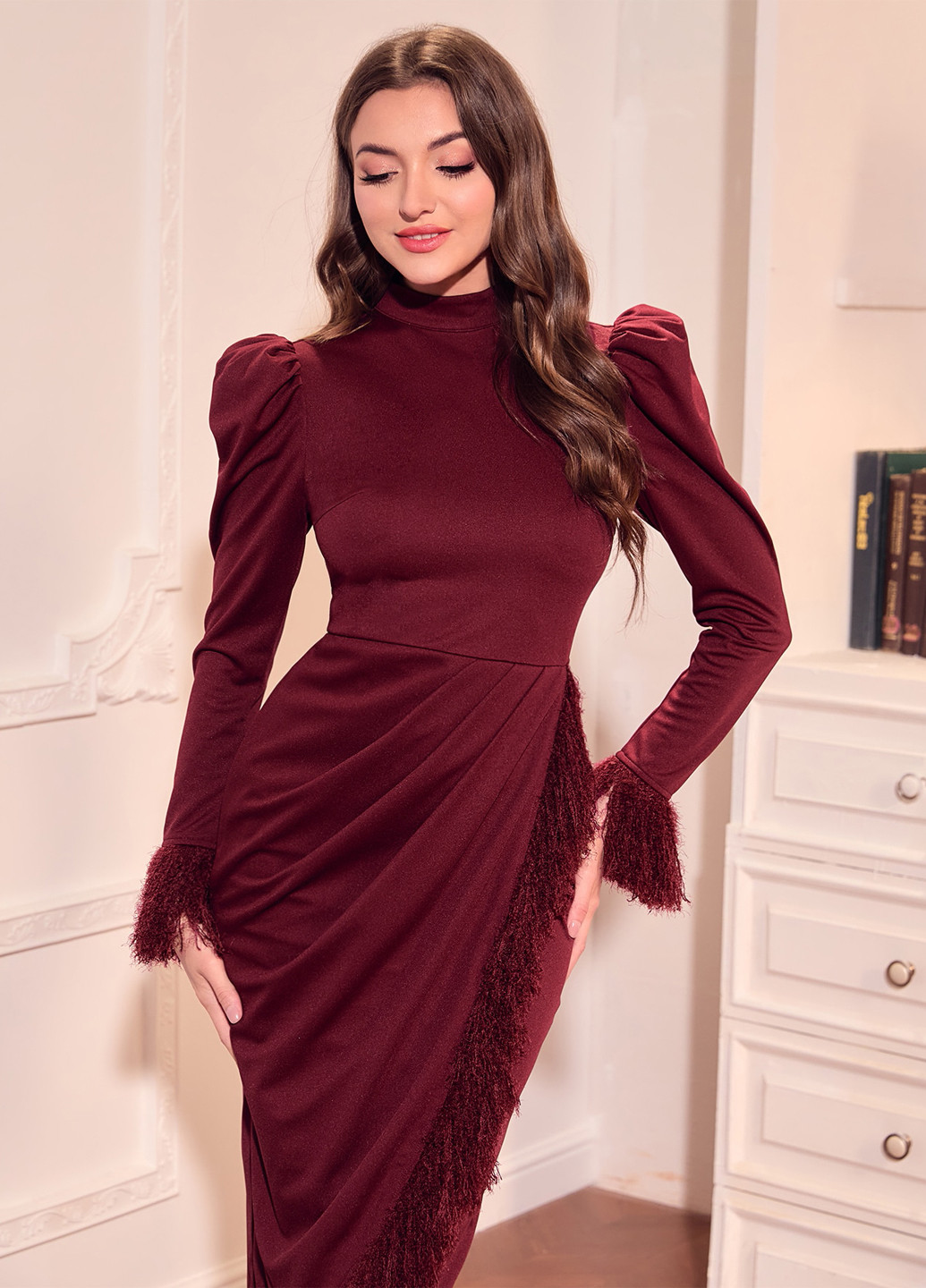 Бордовое вечернее, коктейльное платье платье-водолазка, силуэтная SHEIN однотонное