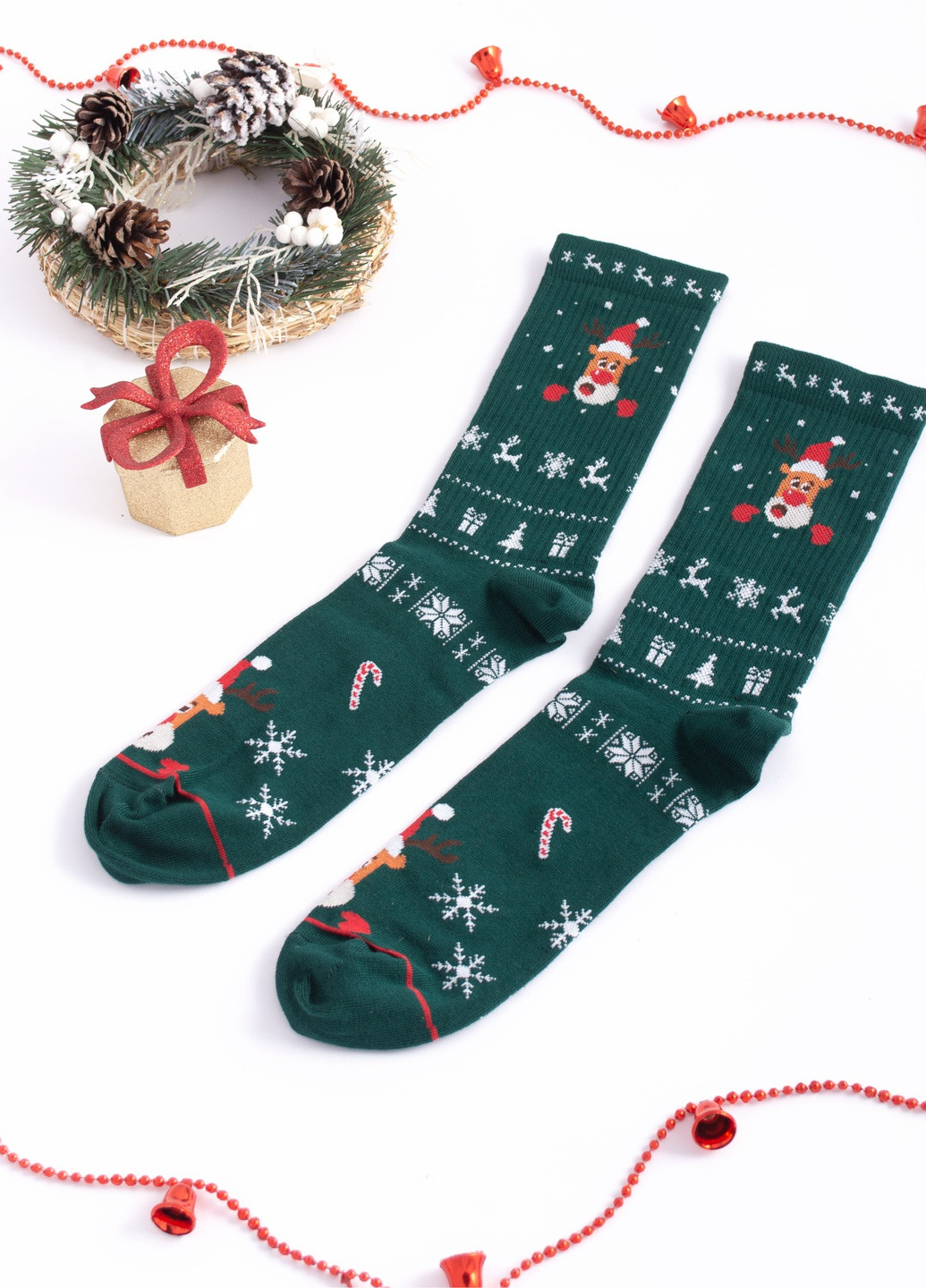 Шкарпетки новорічні з високоякісної бавовни з оригінальним принтом "Олень Deer" Maybel новорічні зелені повсякденні