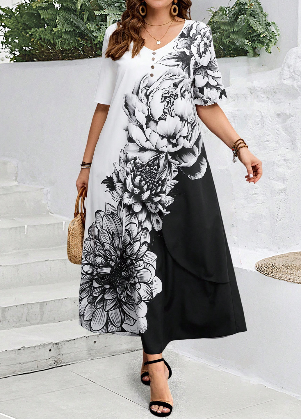 Чорно-білий кежуал сукня а-силует SHEIN з квітковим принтом