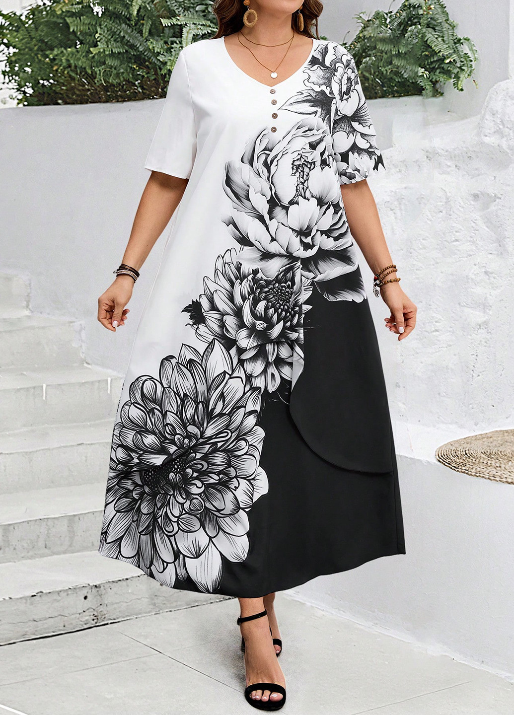 Чорно-білий кежуал сукня а-силует SHEIN з квітковим принтом