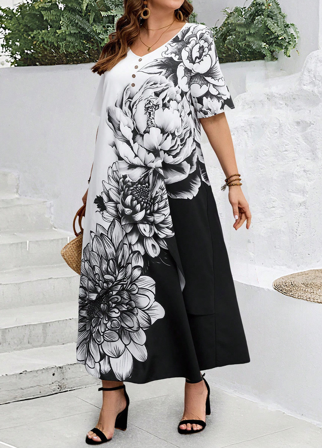 Чорно-білий кежуал сукня а-силует SHEIN з квітковим принтом