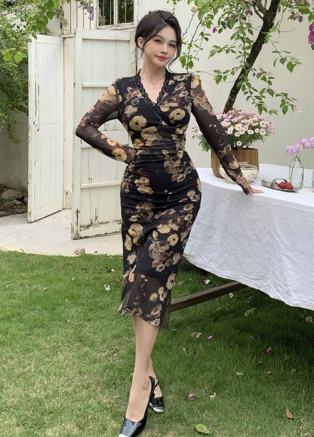 Чорна вечірня, кежуал сукня футляр SHEIN з квітковим принтом