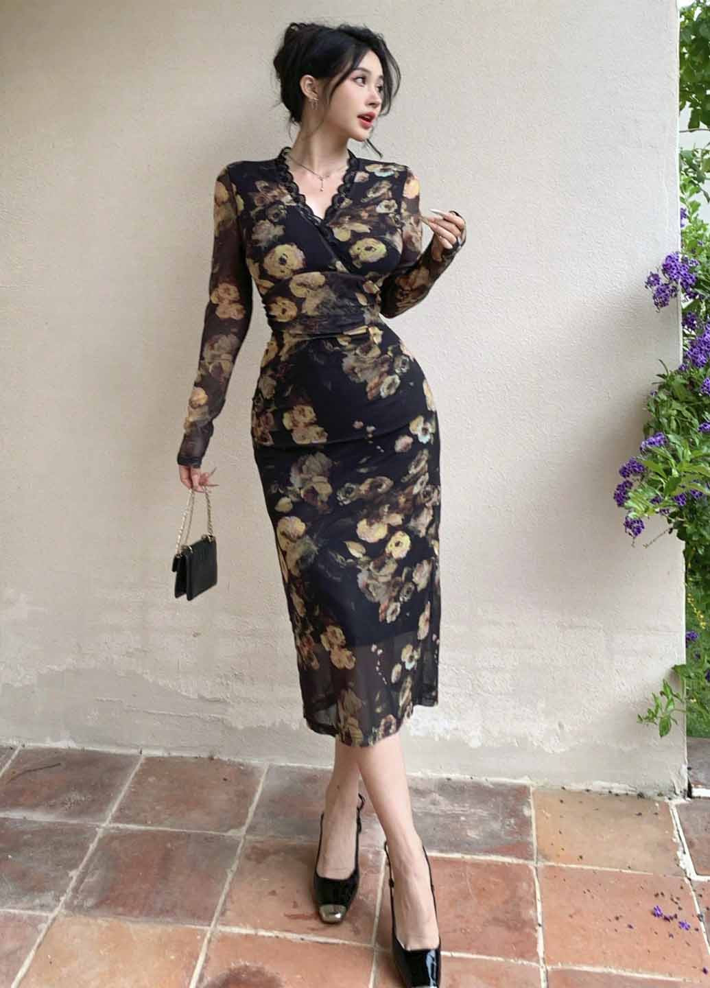 Чорна вечірня, кежуал сукня футляр SHEIN з квітковим принтом
