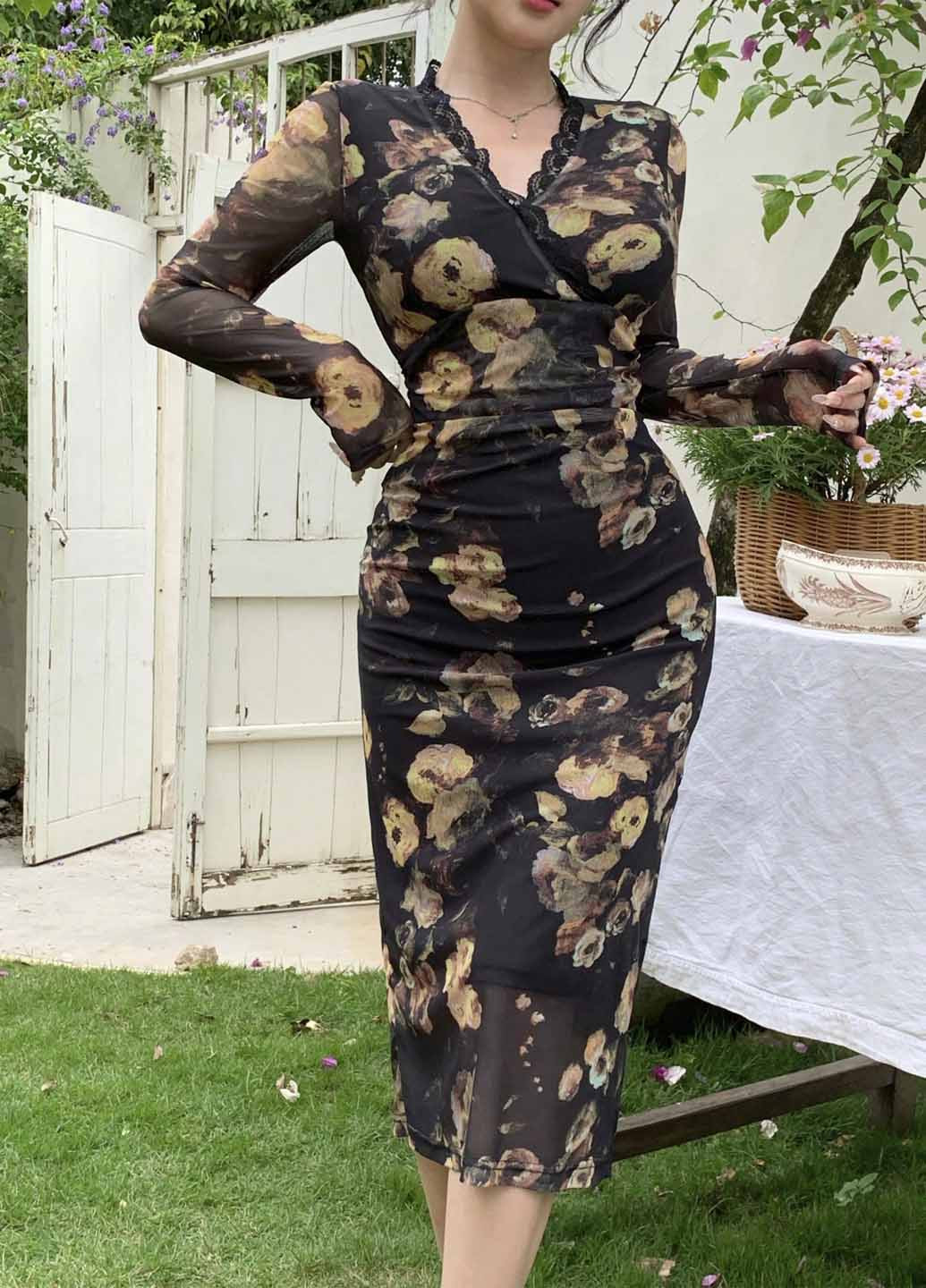 Чорна вечірня, кежуал сукня футляр SHEIN з квітковим принтом