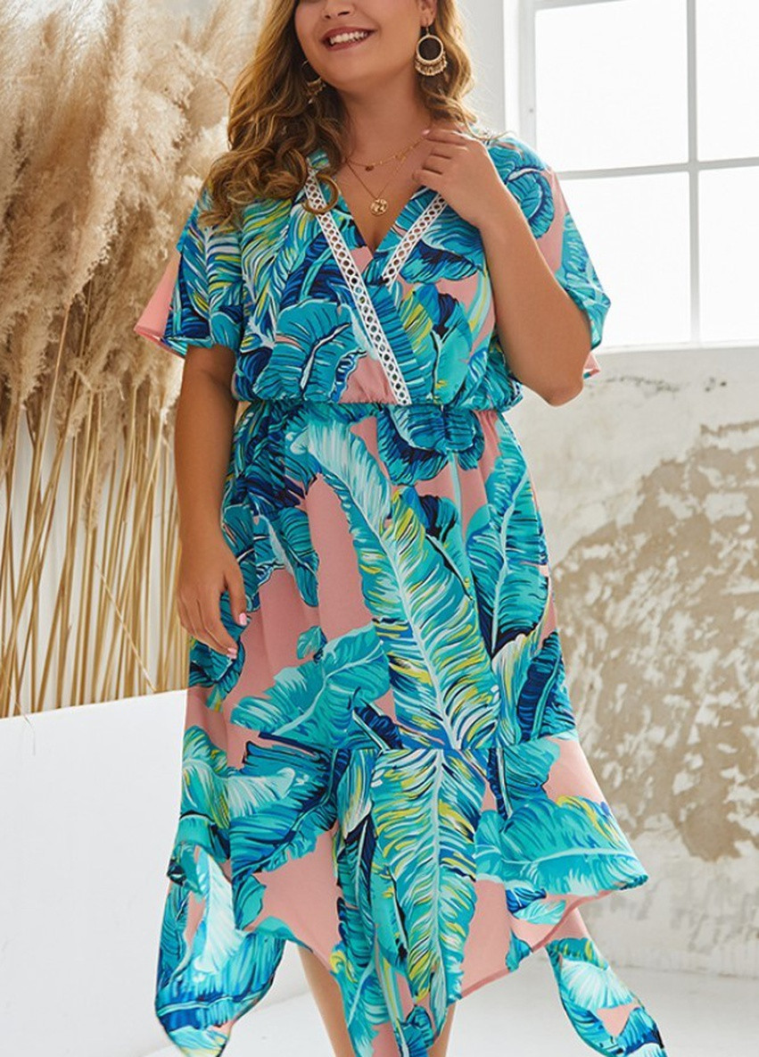 Голубое кэжуал платье женское с ассиметричной юбкой hawaiian warmth Berni Fashion PLUS с цветочным принтом