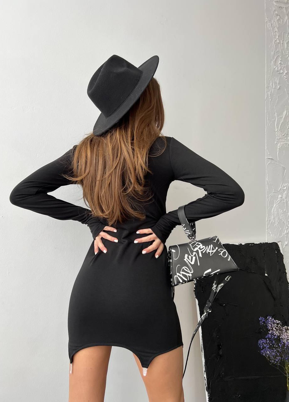 Черное женское короткое платье с длинным рукавом черного цвета 363065 New Trend