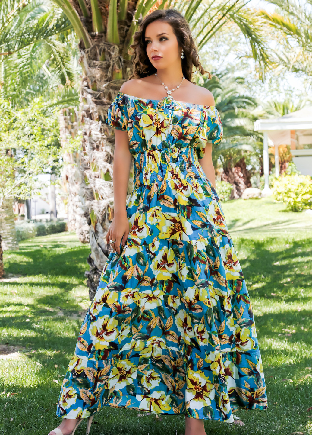 Комбинированное кэжуал платье с открытыми плечами Indiano с цветочным принтом