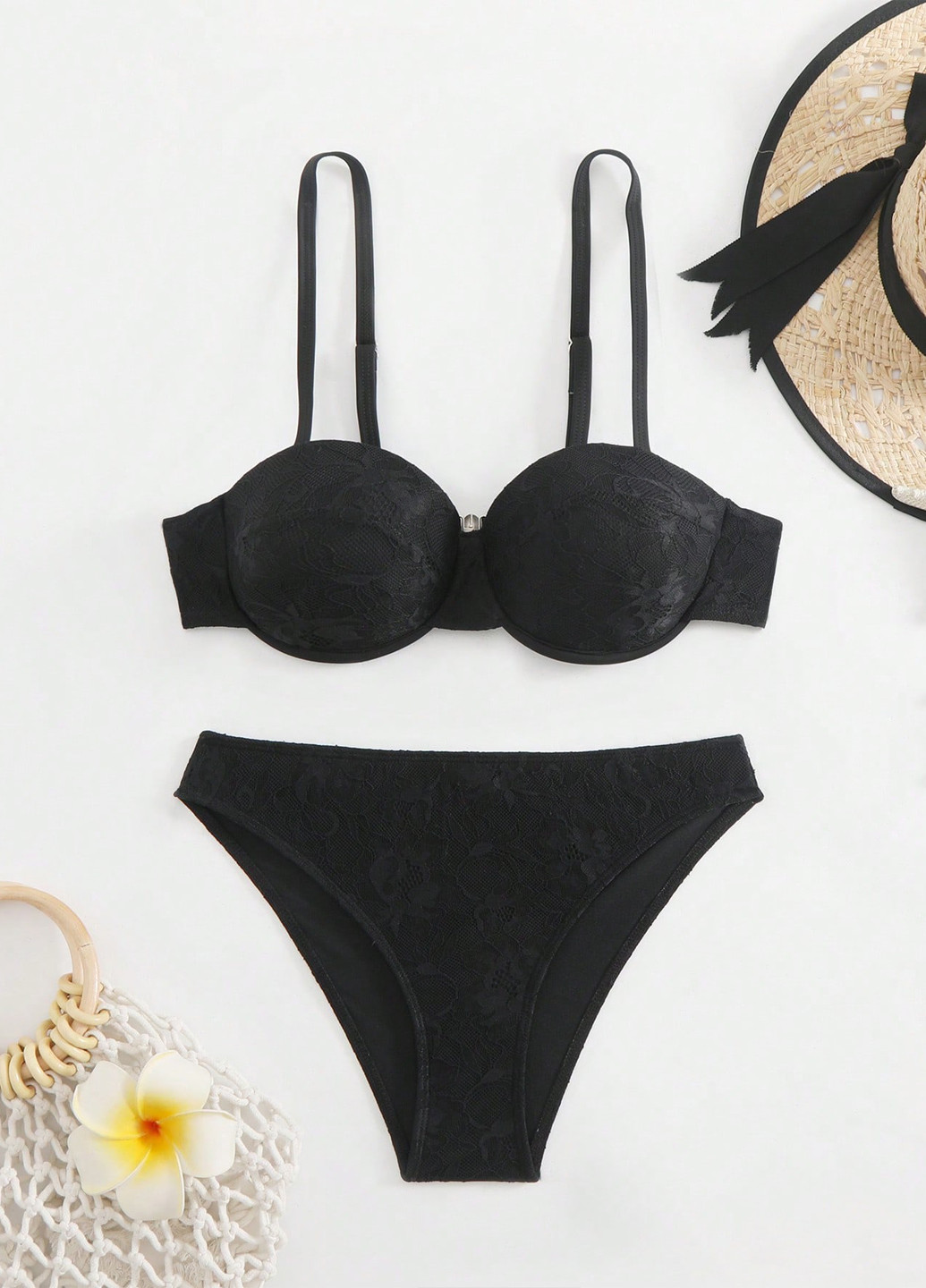 Черный летний купальник (лиф, трусики) бандо, раздельный SHEIN