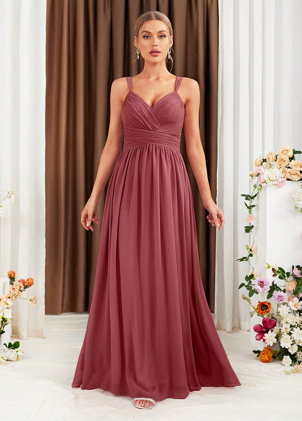 Терракотовое праздничный, вечернее платье на запах, с открытой спиной, а-силуэт SHEIN однотонное