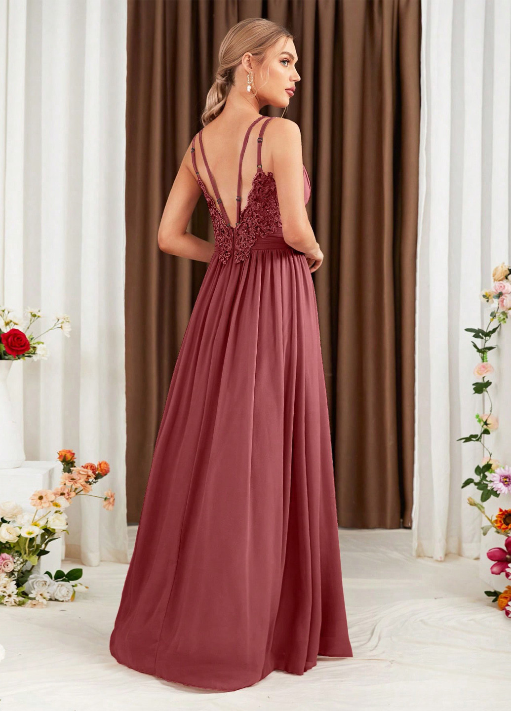 Терракотовое праздничный, вечернее платье на запах, с открытой спиной, а-силуэт SHEIN однотонное