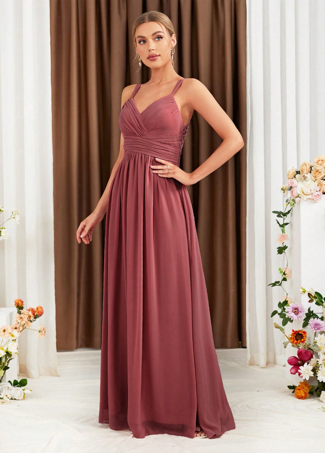 Терракотовое праздничный, вечернее платье на запах, с открытой спиной, а-силуэт SHEIN однотонное