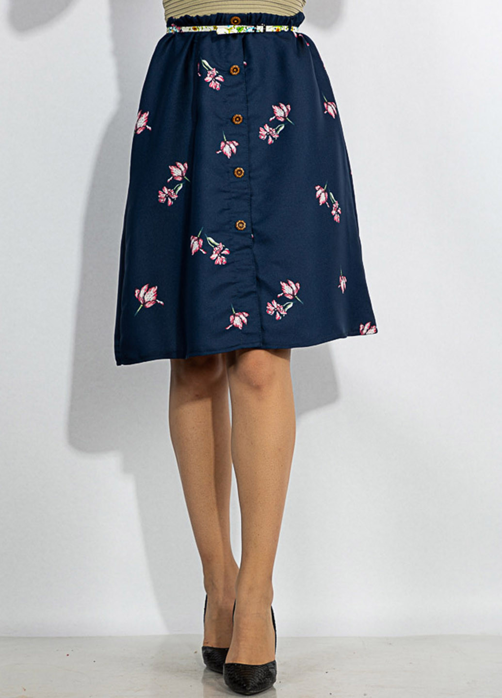 Темно-синяя коктейльный цветочной расцветки юбка Time of Style колокол