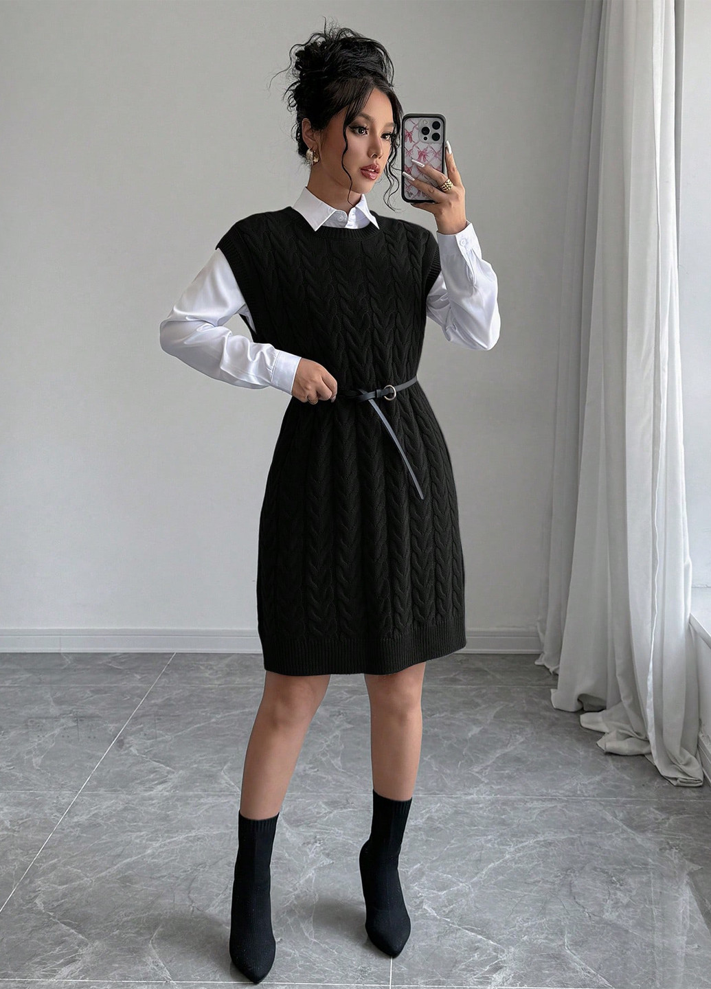 Черное кэжуал платье платье-свитер SHEIN однотонное