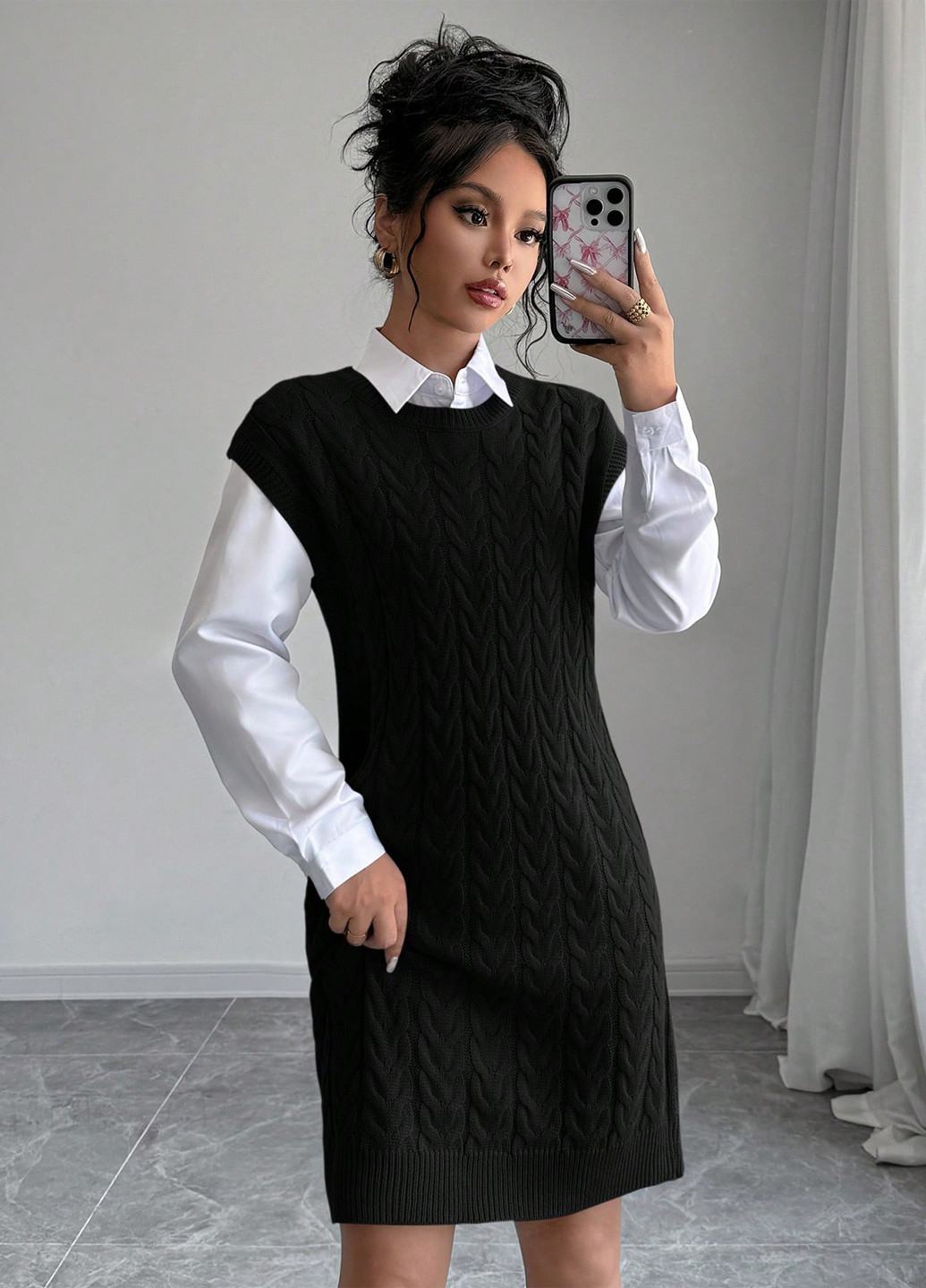 Черное кэжуал платье платье-свитер SHEIN однотонное