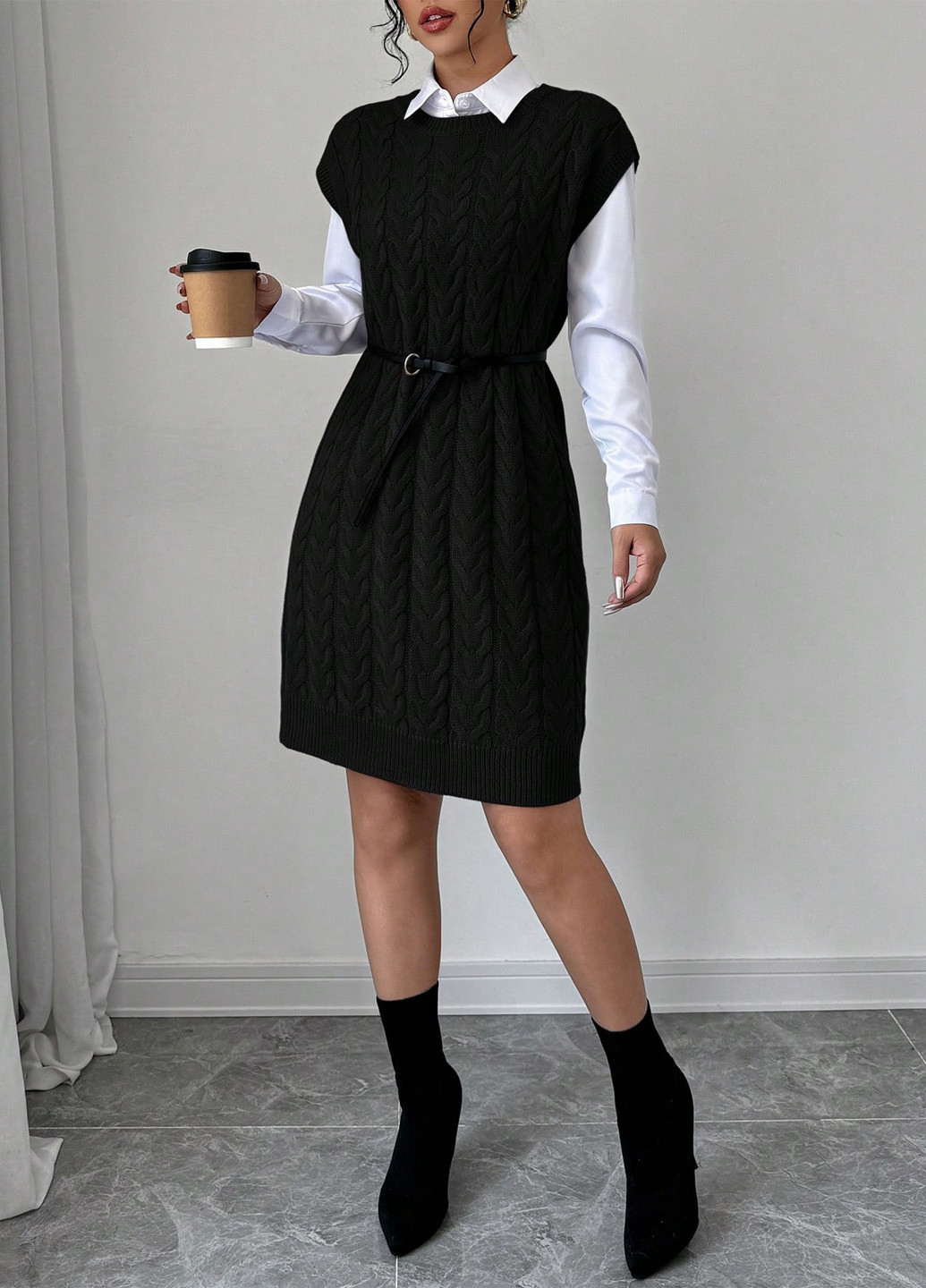 Черное кэжуал платье платье-свитер SHEIN однотонное