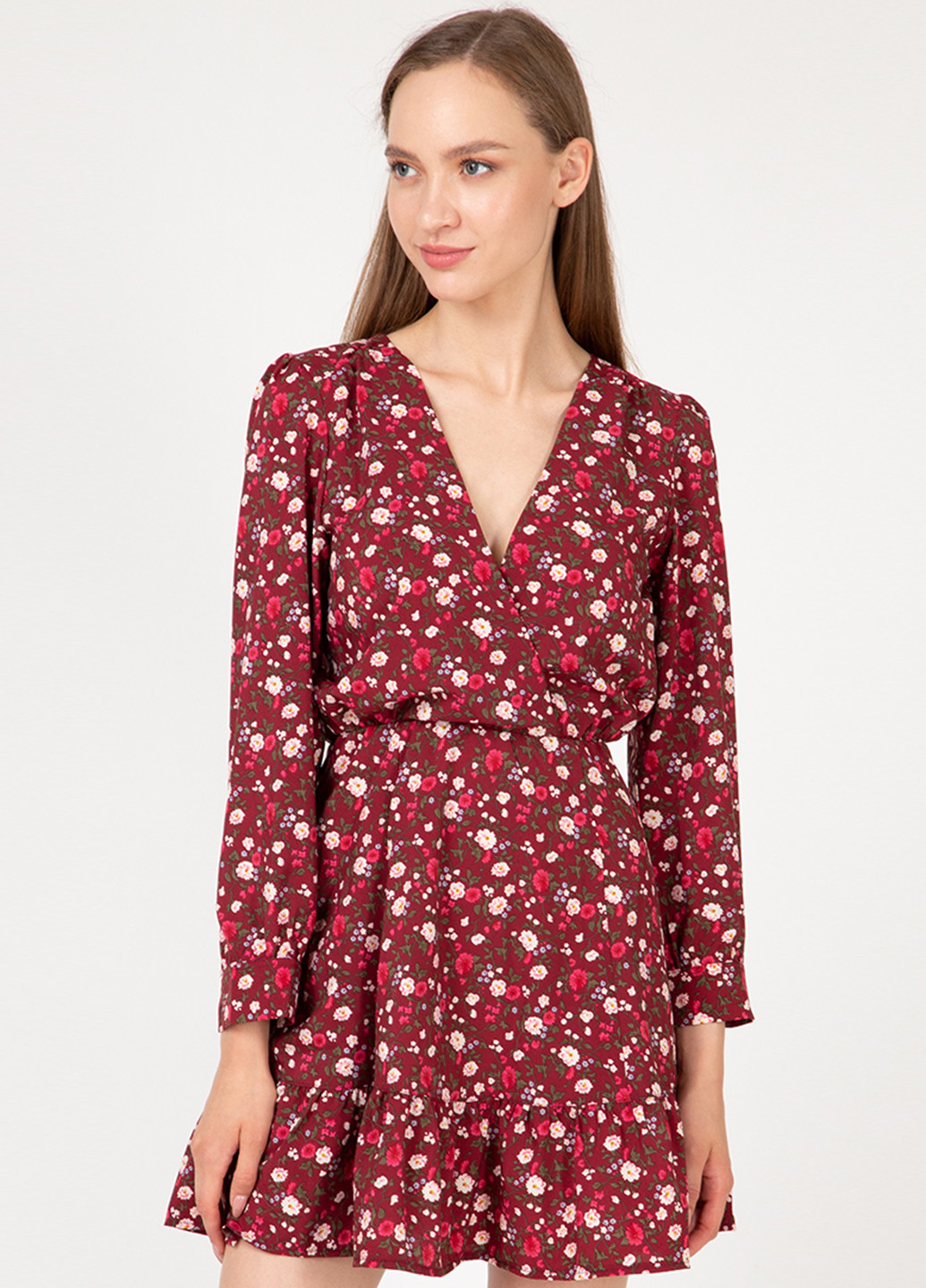 Бордовое кэжуал платье на запах Lilove с цветочным принтом