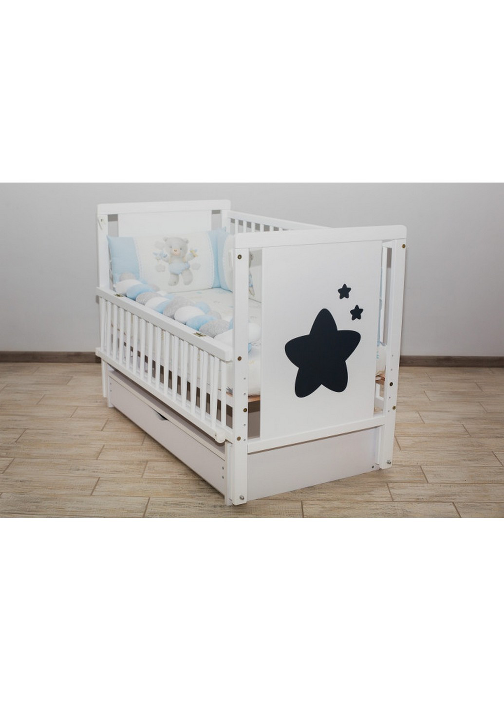 Кроватка детская Звезда, шарнир+подшипник, ящик, откидная боковина, белая LaBona белая